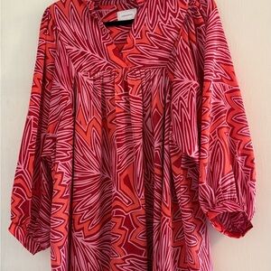 Adrienne Red and Pink Abstract V-Neck